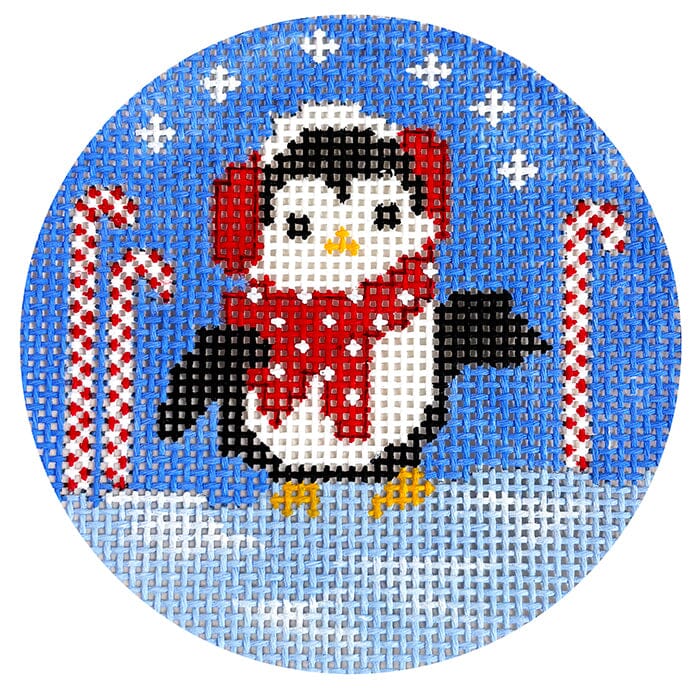 Penguin with Ear Muffs Round Painted Canvas CBK Needlepoint Collections