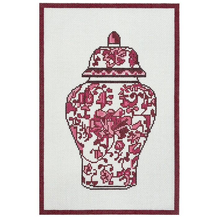 Pink Chinoiserie Ginger Jar Painted Canvas Judy Tasch Needlepoint - 1