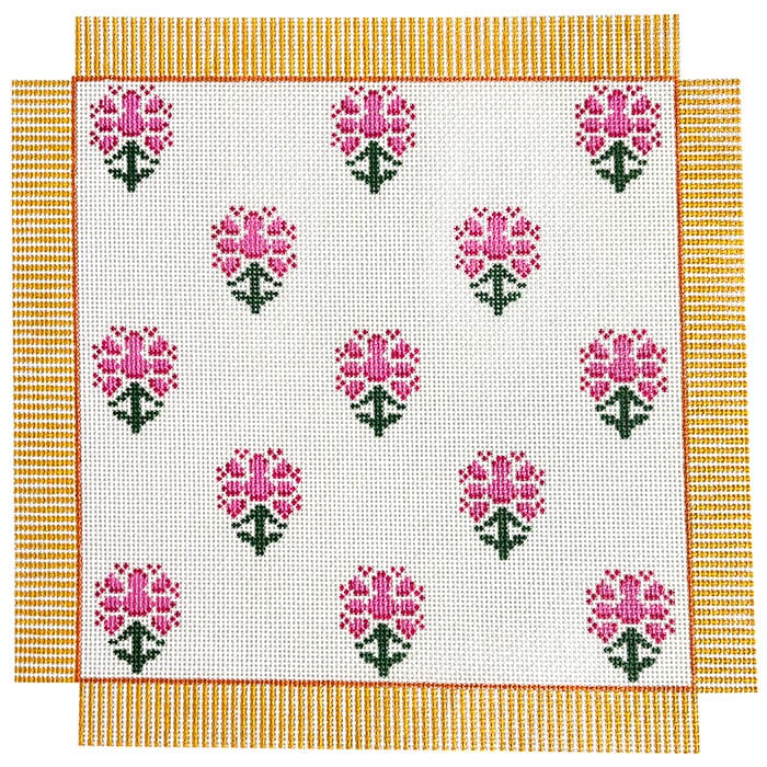 Pink Floral Block Print Square Painted Canvas Anne Fisher Needlepoint LLC - 1
