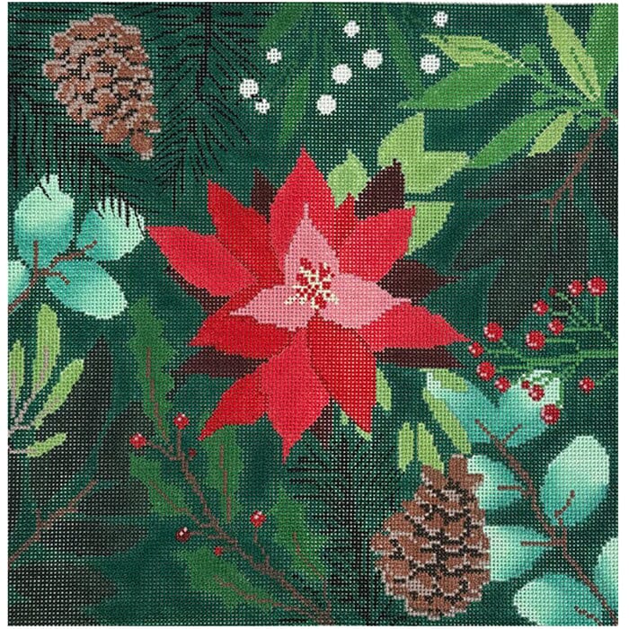 Poinsettia Botanical Pillow Green Painted Canvas Laura Love Designs - 1