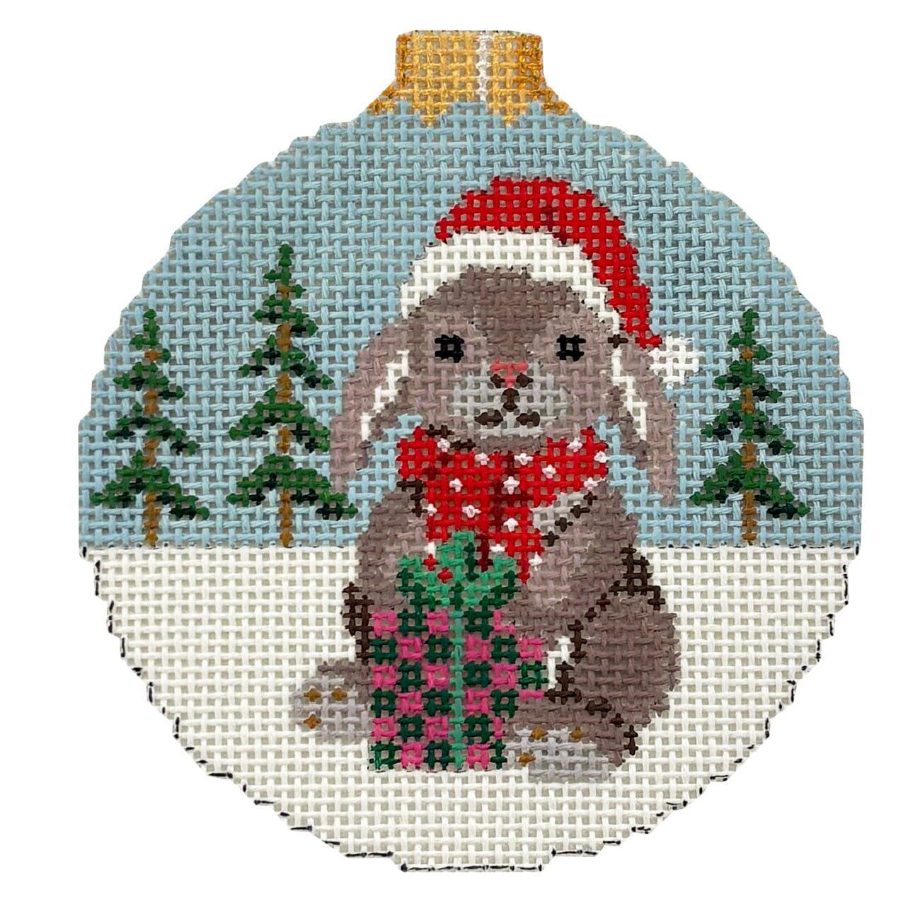 Rabbit with Present, 3.25" Round Painted Canvas Susan Roberts Needlepoint Designs Inc. - 1