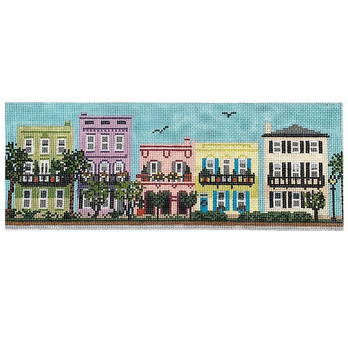 Rainbow Row Charleston Pastel Houses on 13 Painted Canvas Needle Crossings - 1