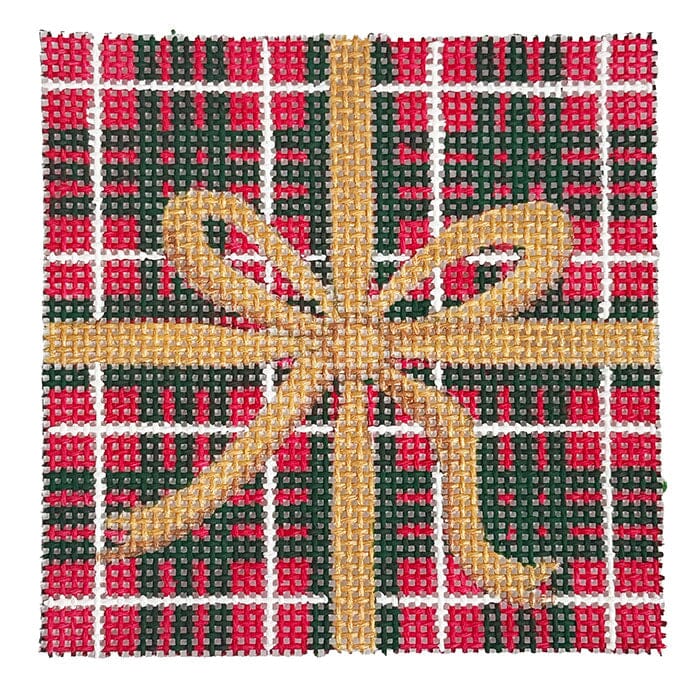 Red and Green Christmas Package Gold Bow Painted Canvas Alice Peterson Company