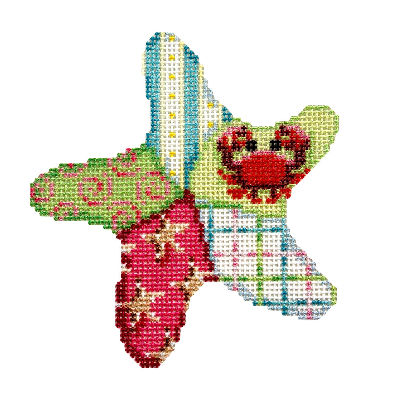 Red Crab Patch Starfish Printed Canvas Two Sisters Needlepoint - 1