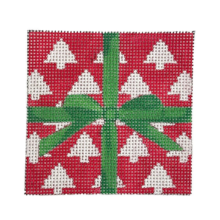 Red Gift with Christmas Trees and Green Bow Painted Canvas Alice Peterson Company - 1