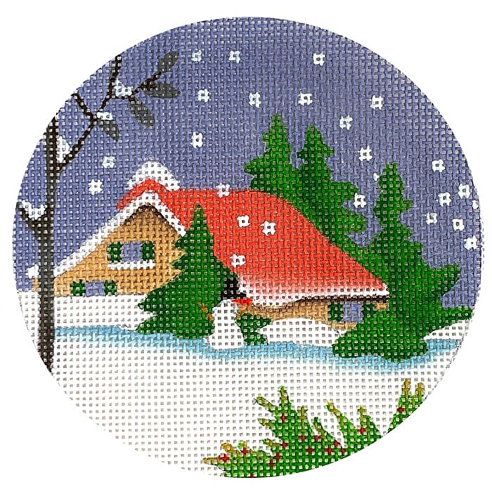 Red Roof Cottage Snowman Round Painted Canvas Melissa Shirley Designs - 1