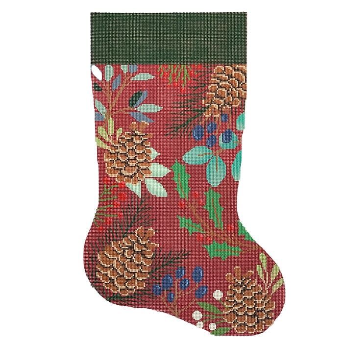 Red Stocking with Pinecones Painted Canvas Laura Love Designs - 1