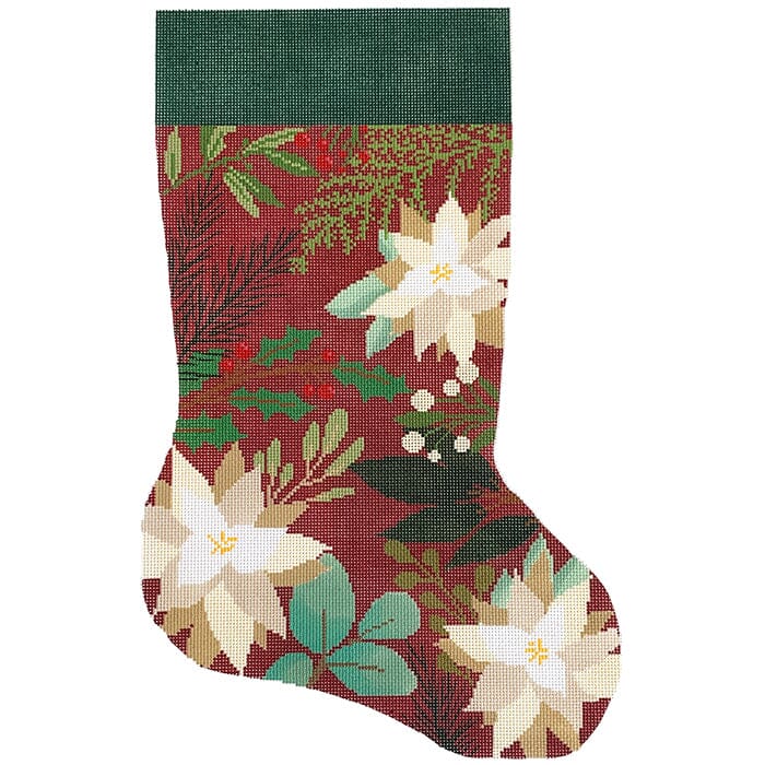 Red Stocking with White Flowers Painted Canvas Laura Love Designs - 1