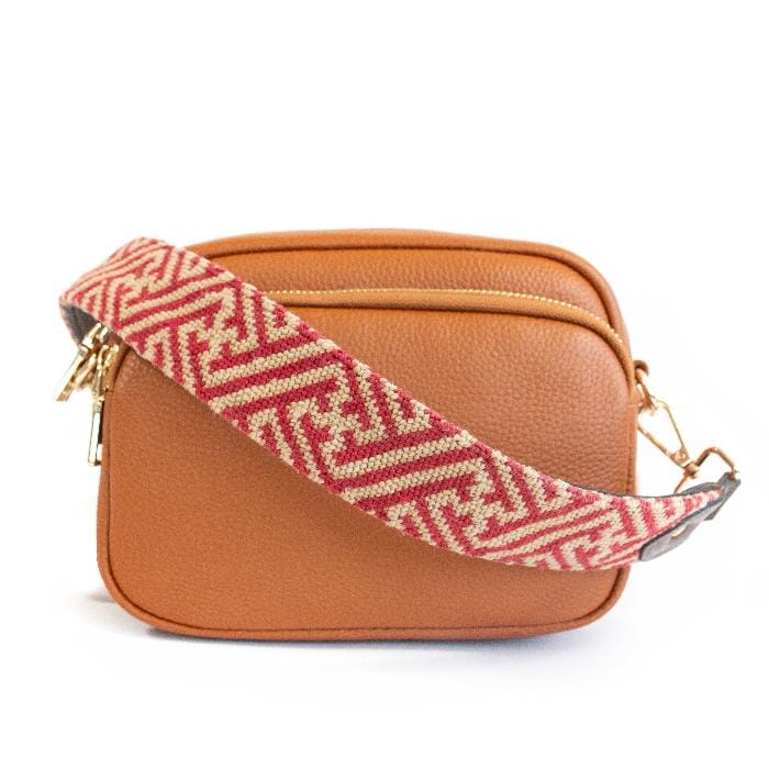 Red/Camel Fretwork Crossbody Strap Printed Canvas Two Sisters Needlepoint - 2