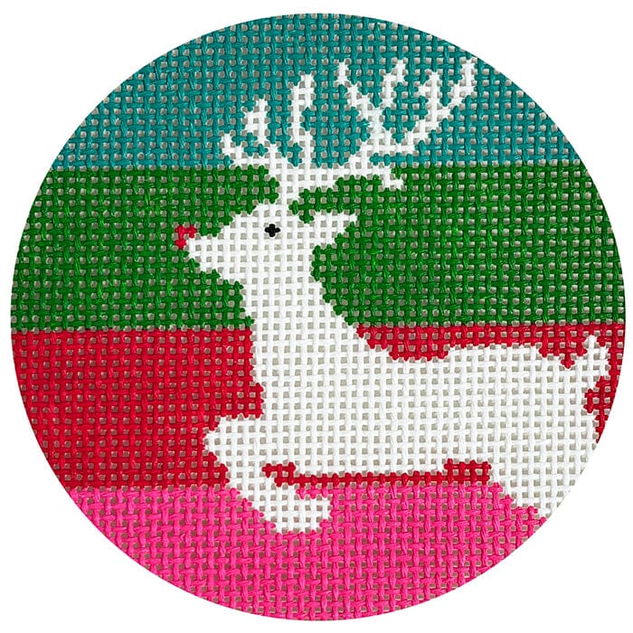 Reindeer on Stripes Round on 13 Painted Canvas Lauren Bloch Designs - 1