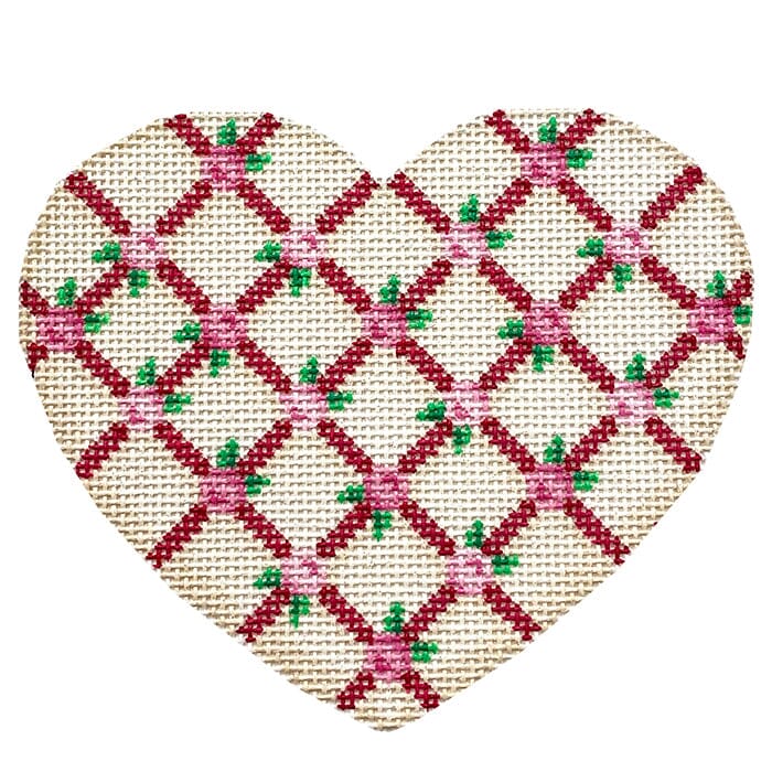 Rosebud Lattice Heart Printed Canvas Two Sisters Needlepoint
