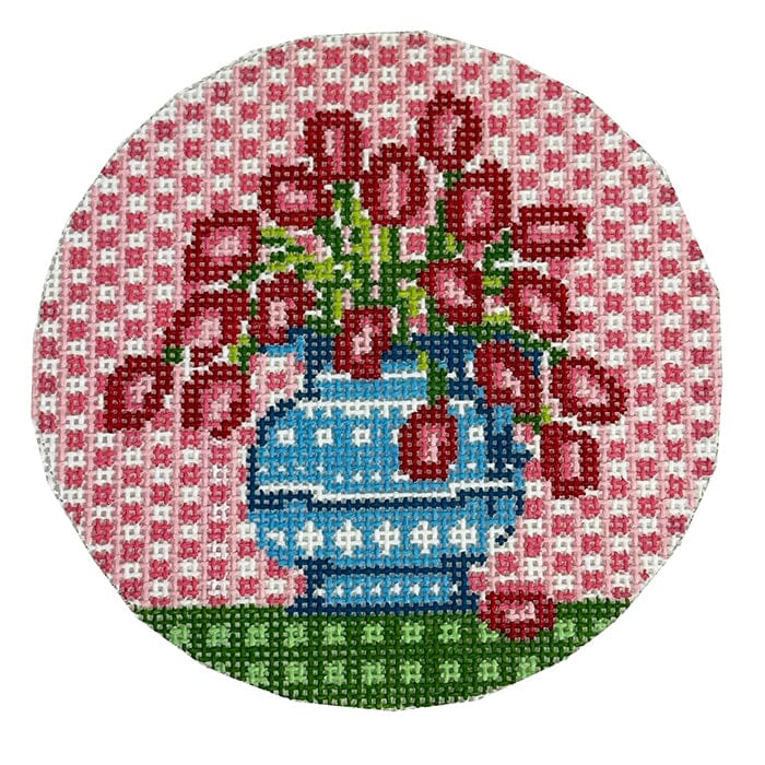 Roses in Blue Vase Ornament Painted Canvas The Plum Stitchery - 1
