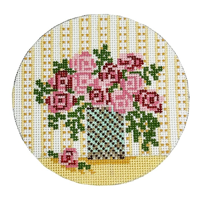 Roses in Brown Vase Ornament Painted Canvas The Plum Stitchery