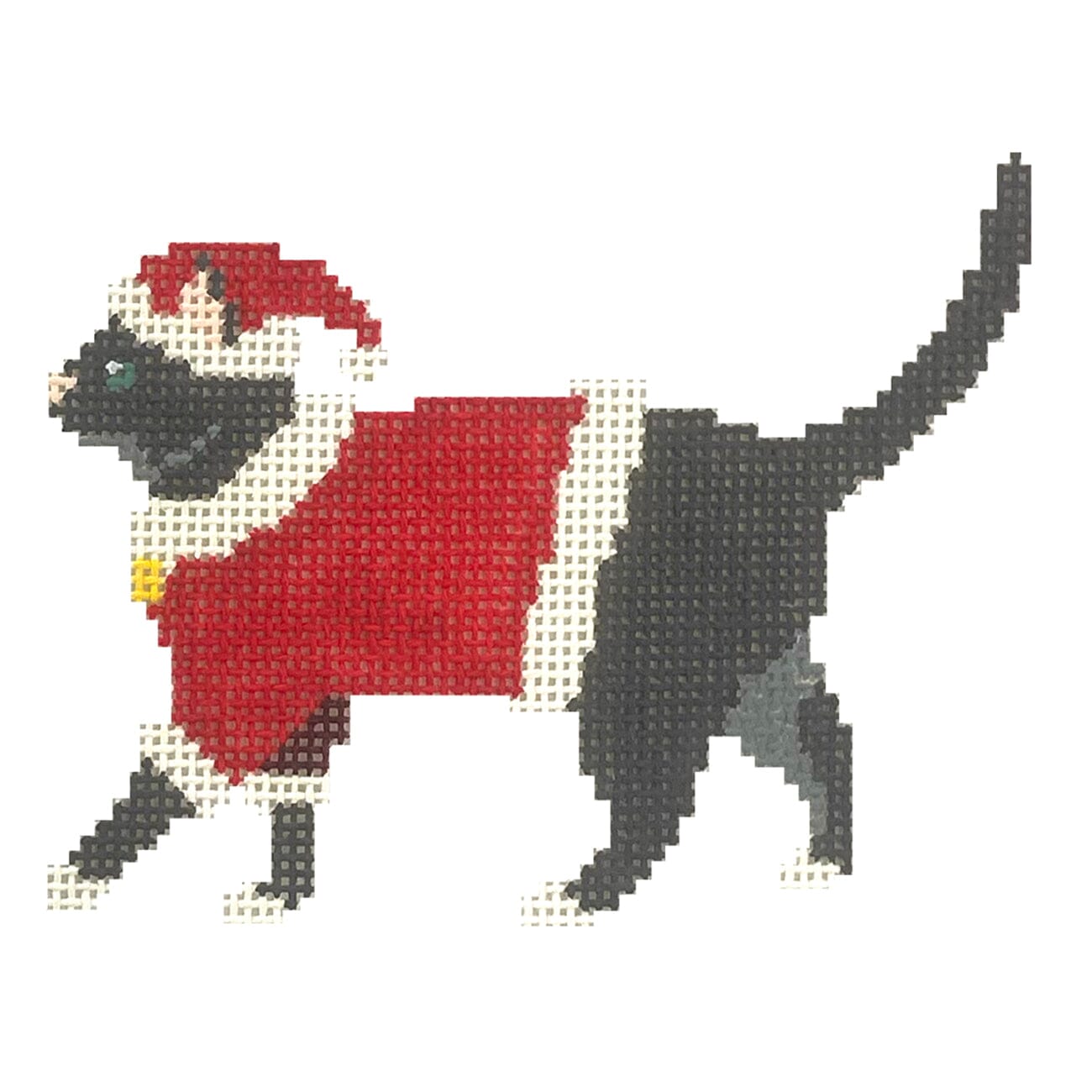 Santa Black Cat Painted Canvas Dogwood Needlepoint - 1