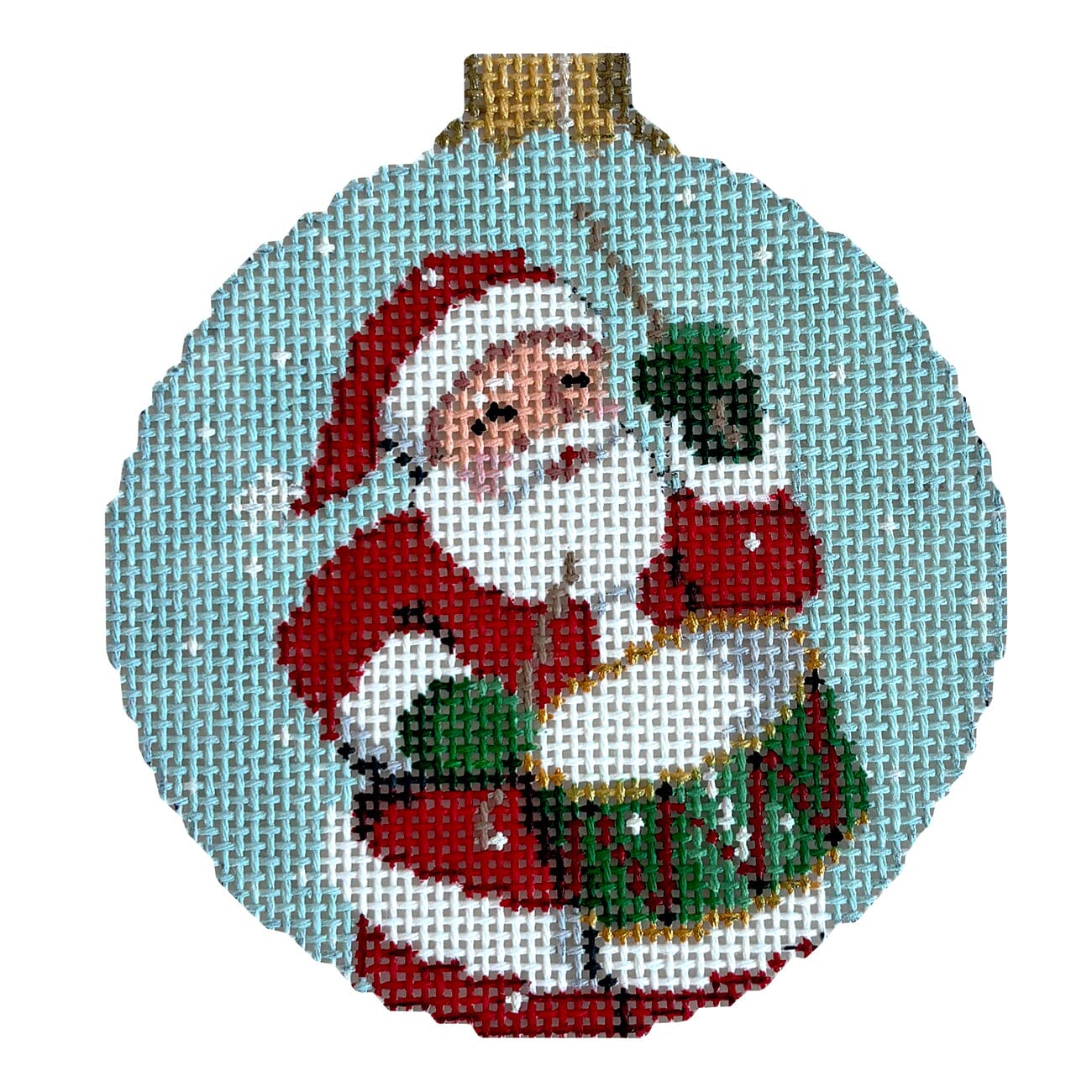 Santa Drumming, 3.25" Ornament Painted Canvas Susan Roberts Needlepoint Designs Inc.
