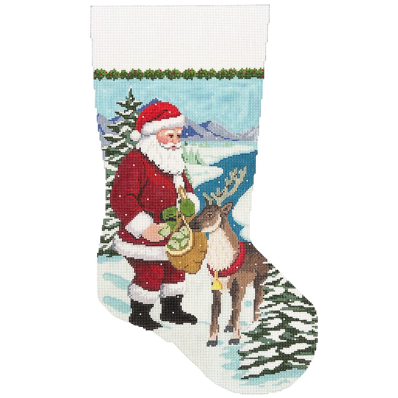 Santa Feeding Apples to Reindeer, Stocking Painted Canvas Susan Roberts Needlepoint Designs Inc. - 1