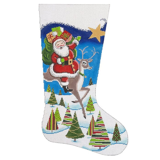 Santa on Reindeer Stocking Painted Canvas Alice Peterson Company 