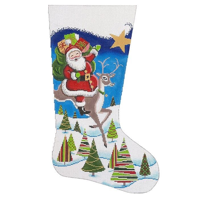 Santa on Reindeer Stocking Painted Canvas Alice Peterson Company
