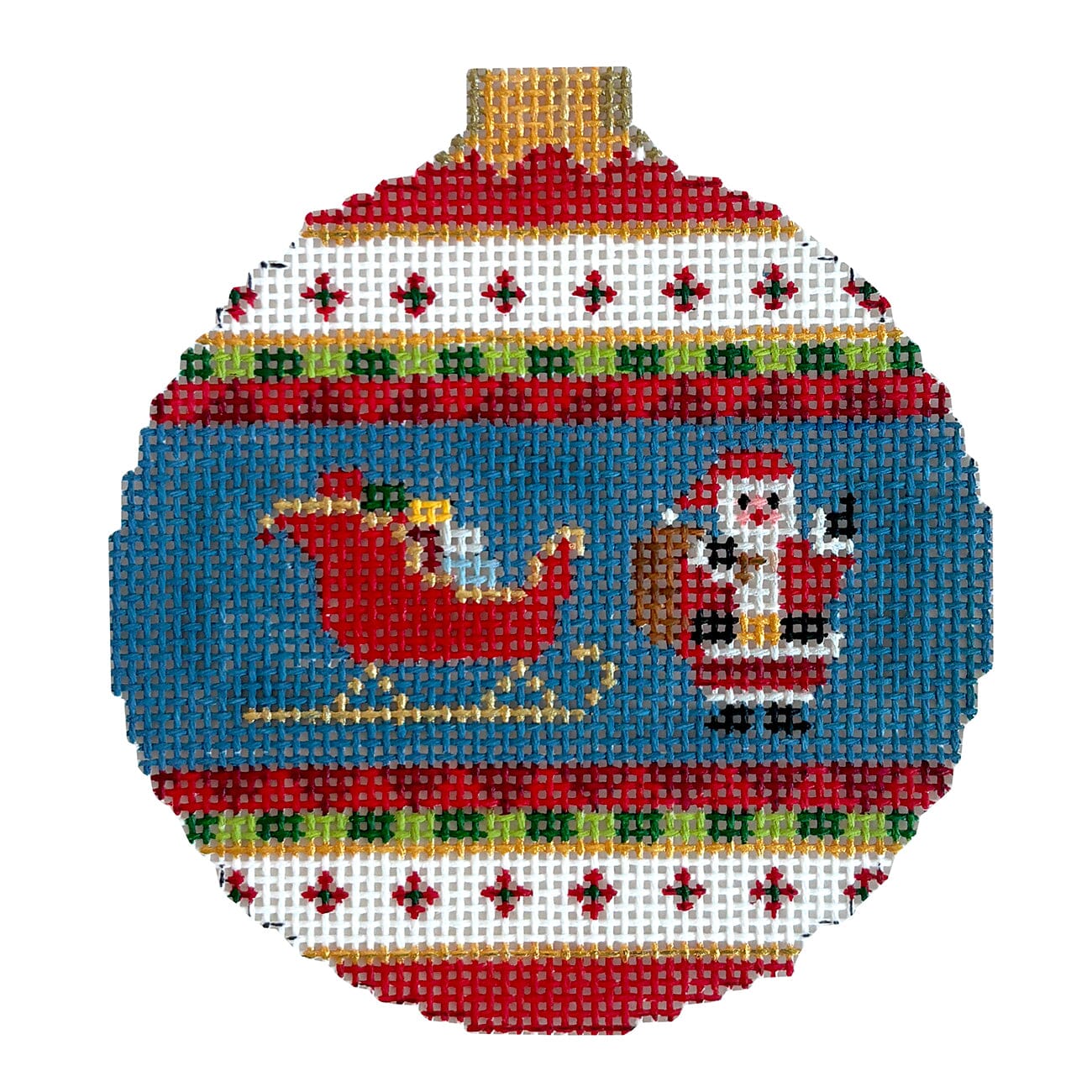 Santa Sleigh, 3.25" Round Painted Canvas Susan Roberts Needlepoint Designs Inc.