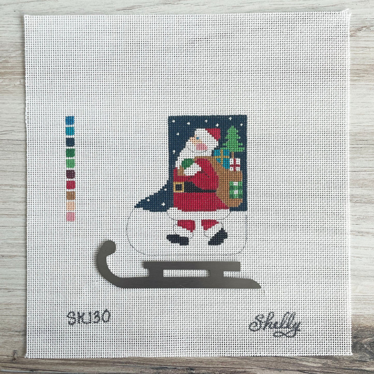 Santa with Gift Bag Mini-Skate Ornament Painted Canvas Shelly Tribbey