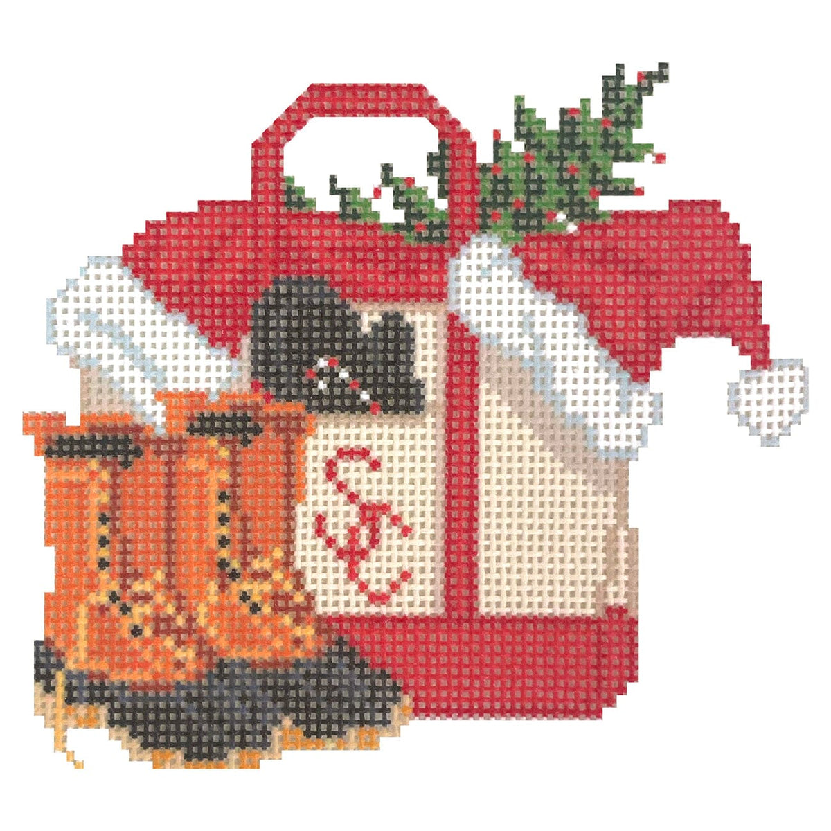 Santa's Tote Ornament Painted Canvas Wheelhaus Needlepoint - 1