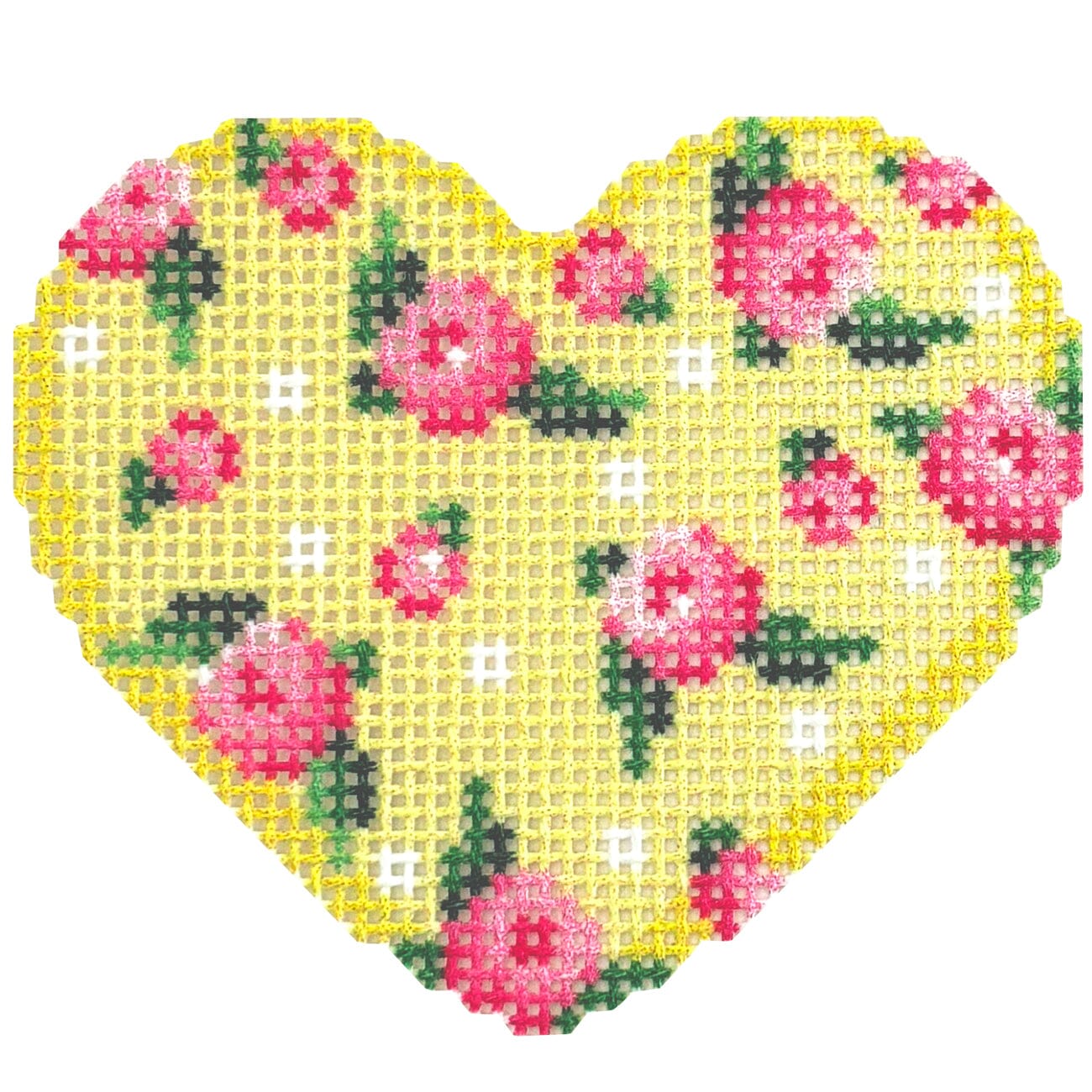 Scattered Roses on Yellow Mini Heart Printed Canvas Two Sisters Needlepoint