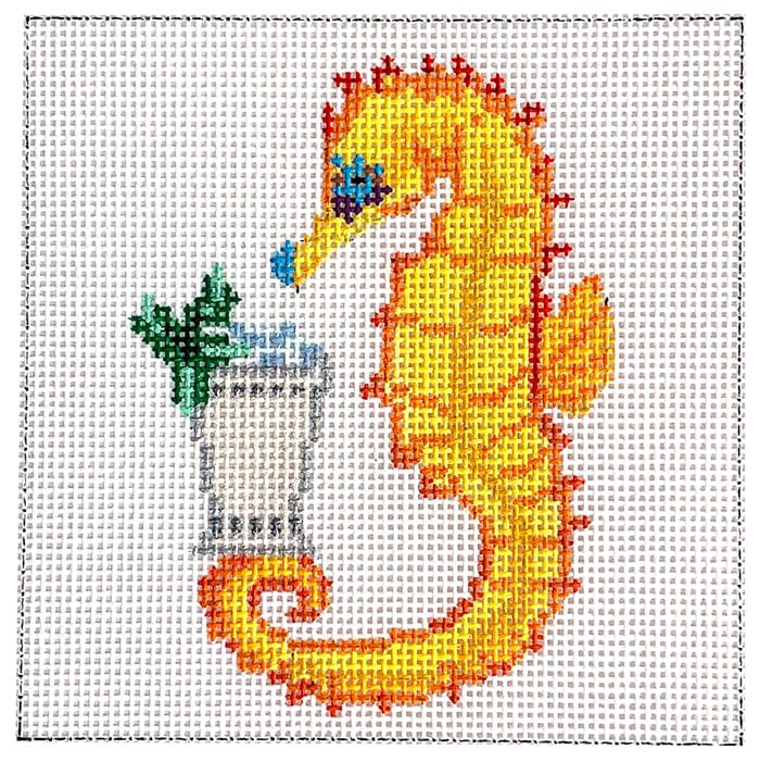 Sea Horse & Mint Julep Coaster Painted Canvas Blue Ridge Stitchery - 1