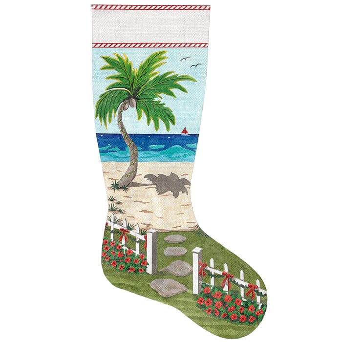 Seaside Christmas Stocking Painted Canvas Purple Palm Designs - 1