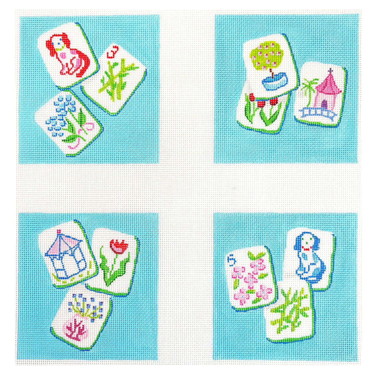 Set of 4 Coasters Mahjong Tiles, English Country Garden on Blue Painted Canvas Kate Dickerson Needlepoint Collections - 1