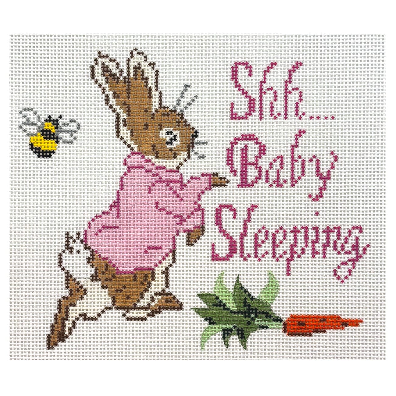 Shhh Baby Sleeping with Bunny Pink Painted Canvas Elm Tree Needlepoint - 1
