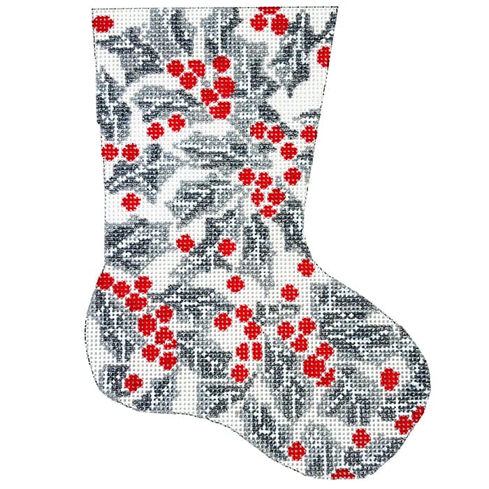 Silver Holly Mini Stocking Painted Canvas The Gingham Stitchery - 1