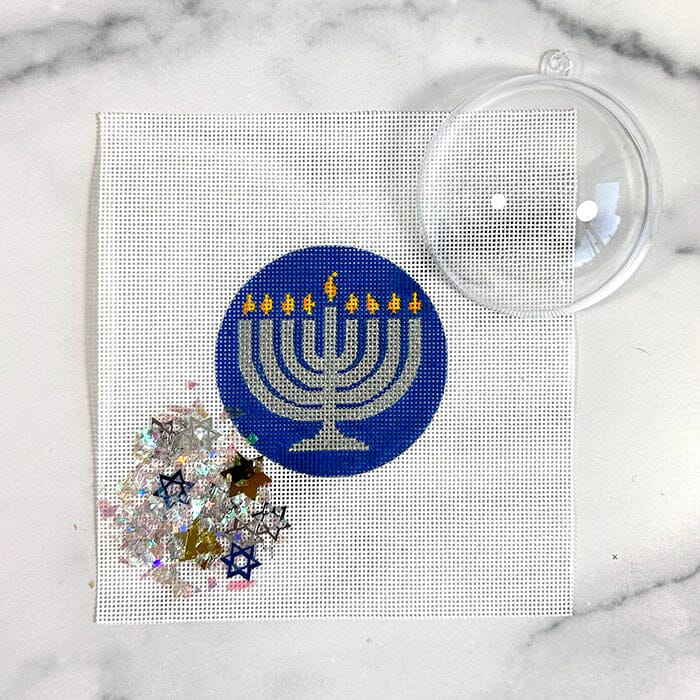 Silver Menorah Ornament with Clear Dome & Confetti Painted Canvas Kate Dickerson Needlepoint Collections