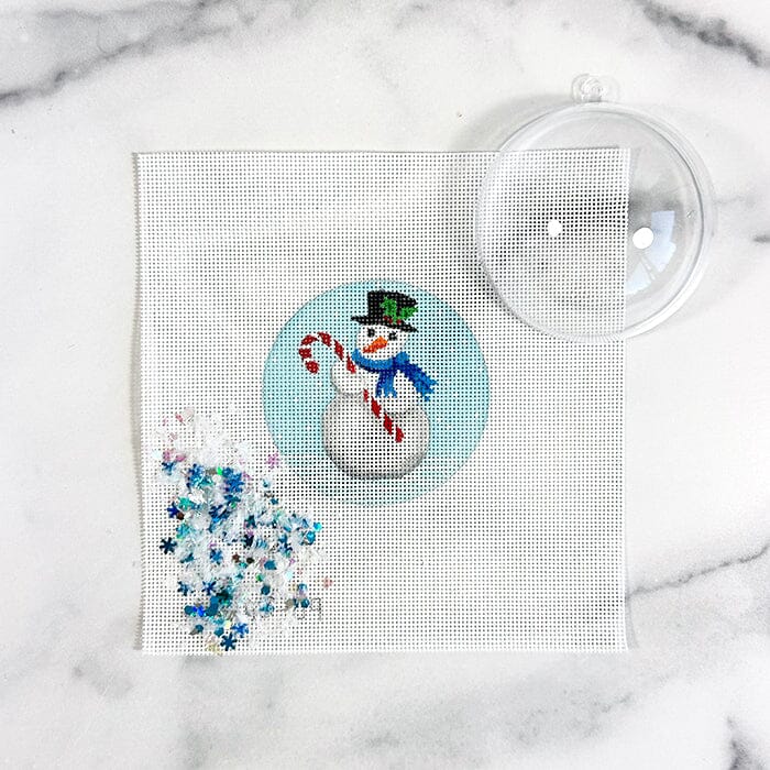 Snowman & Candy Cane with Clear Dome & Confetti Painted Canvas Kate Dickerson Needlepoint Collections