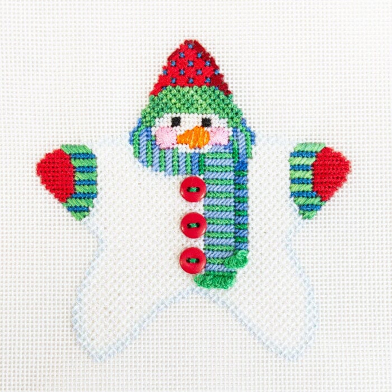 Star Shaped Snowman Blue/Green Scarf with Stitch Guide Printed Canvas Two Sisters Needlepoint