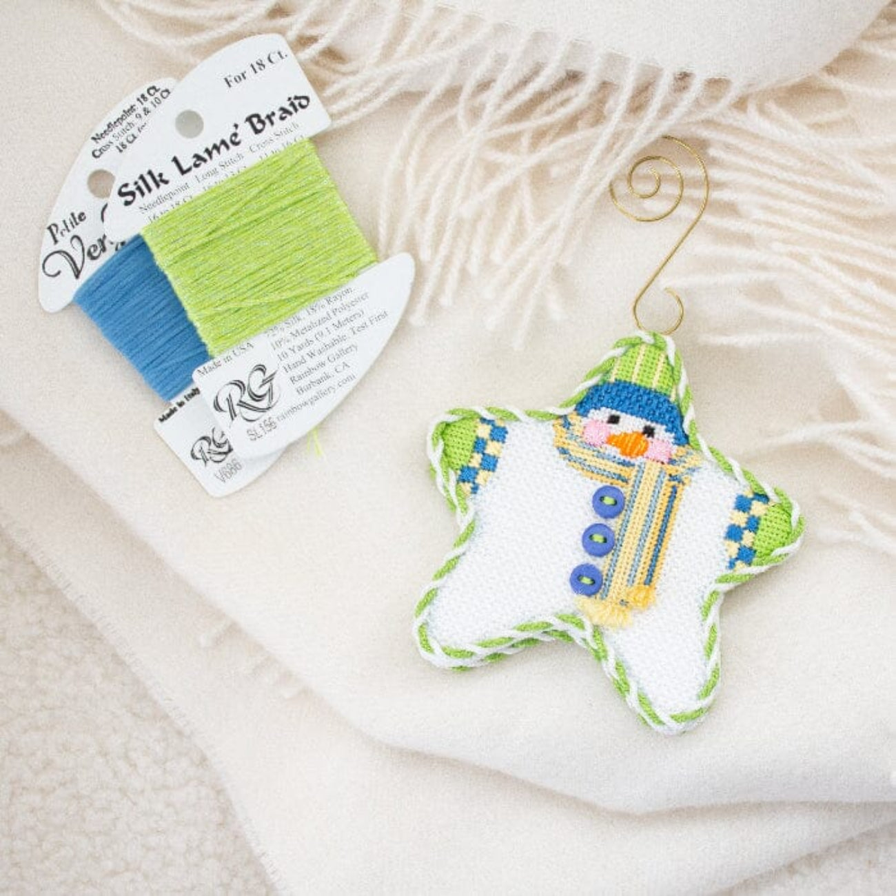 Star Shaped Snowman Blue/Yellow Striped Scarf Printed Canvas Two Sisters Needlepoint