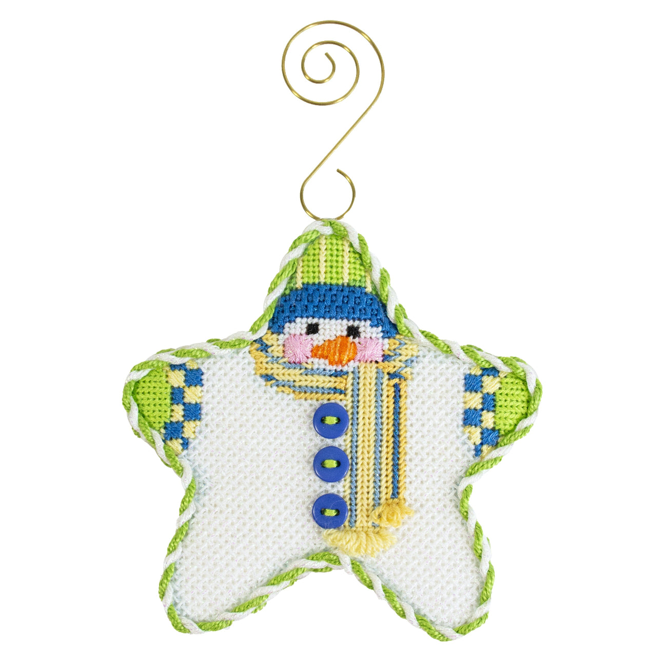 Star Shaped Snowman Blue/Yellow Striped Scarf Printed Canvas Two Sisters Needlepoint