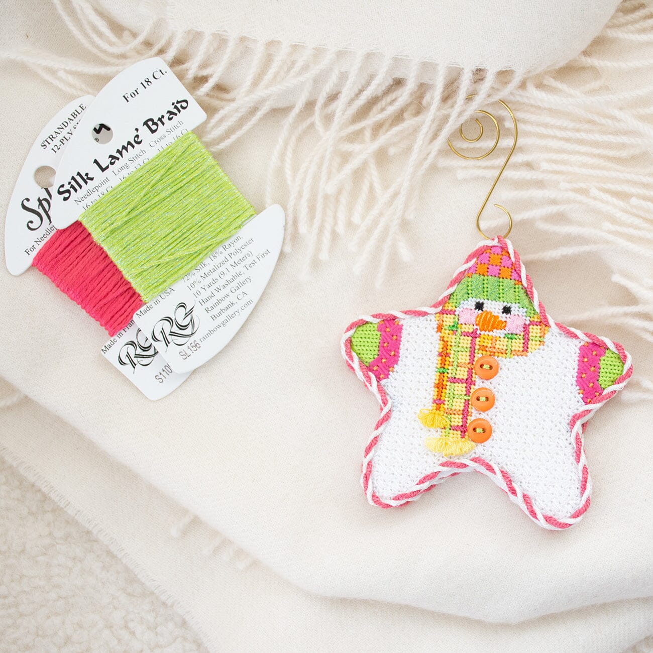 Star Shaped Snowman Citrus Plaid Scarf with Stitch Guide Printed Canvas Two Sisters Needlepoint