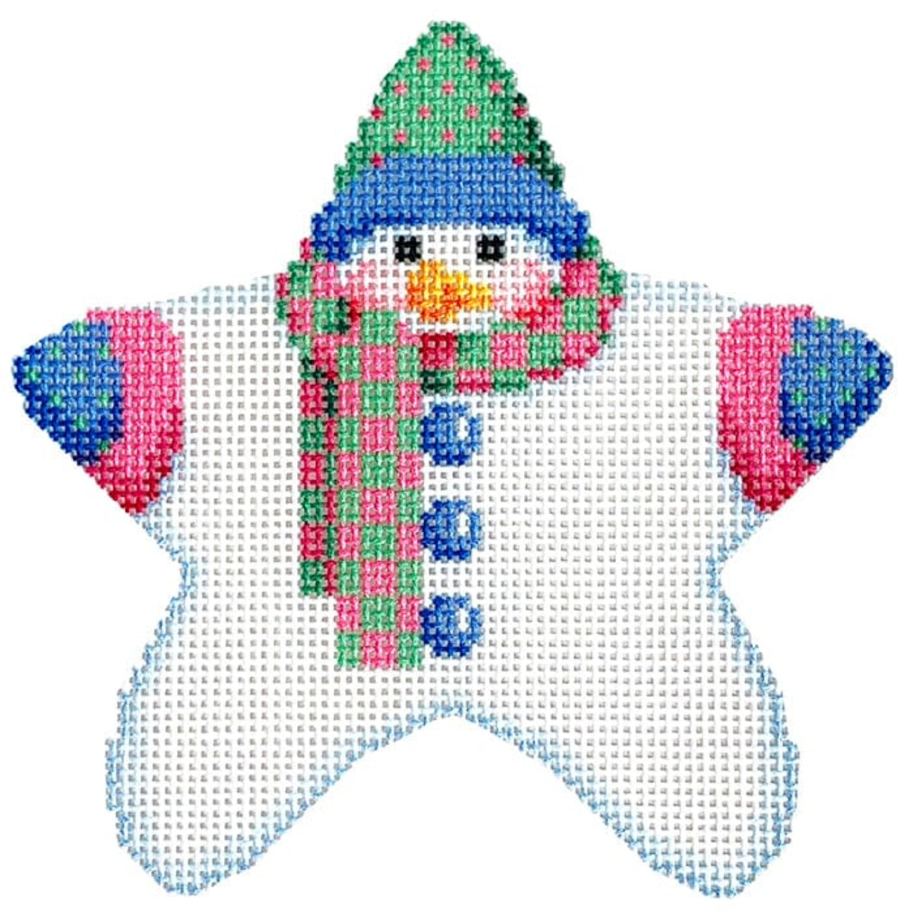 Star Shaped Snowman Pink/Green Checked Scarf Printed Canvas Two Sisters Needlepoint
