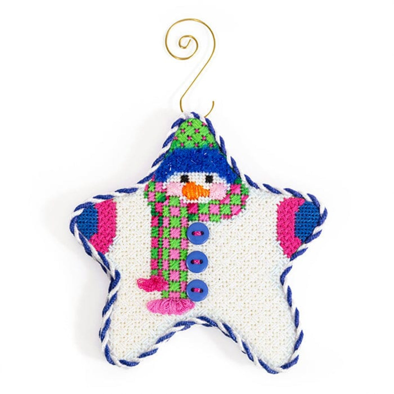 Star Shaped Snowman Pink/Green Checked Scarf with Stitch Guide Printed Canvas Two Sisters Needlepoint