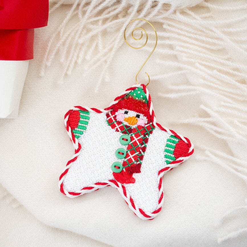 Star Shaped Snowman Red Diagonal Plaid Scarf with Stitch Guide Printed Canvas Two Sisters Needlepoint