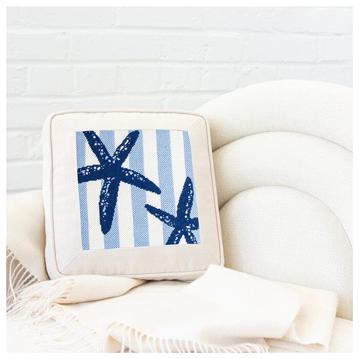 Starfish Stencil on Blue Square with Stitch Guide Printed Canvas Two Sisters Needlepoint