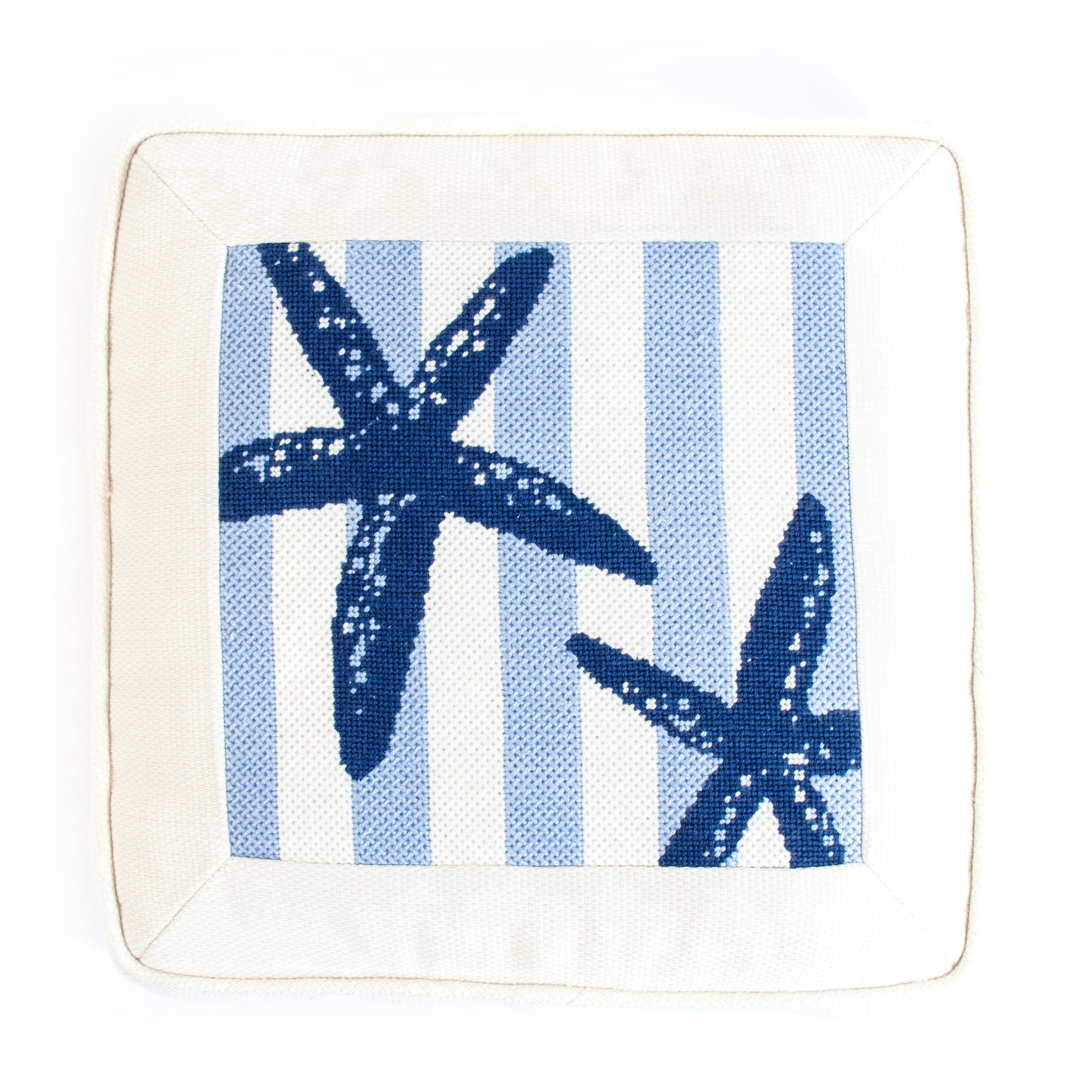 Starfish Stencil on Blue Square with Stitch Guide Printed Canvas Two Sisters Needlepoint
