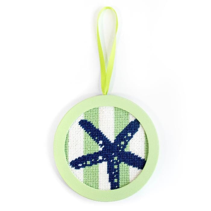 Starfish Stencil on Lime Stripes Round Printed Canvas Two Sisters Needlepoint - 2
