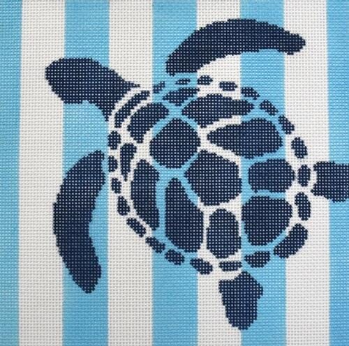 Stencil Sea Turtle on Blue Printed Canvas Two Sisters Needlepoint