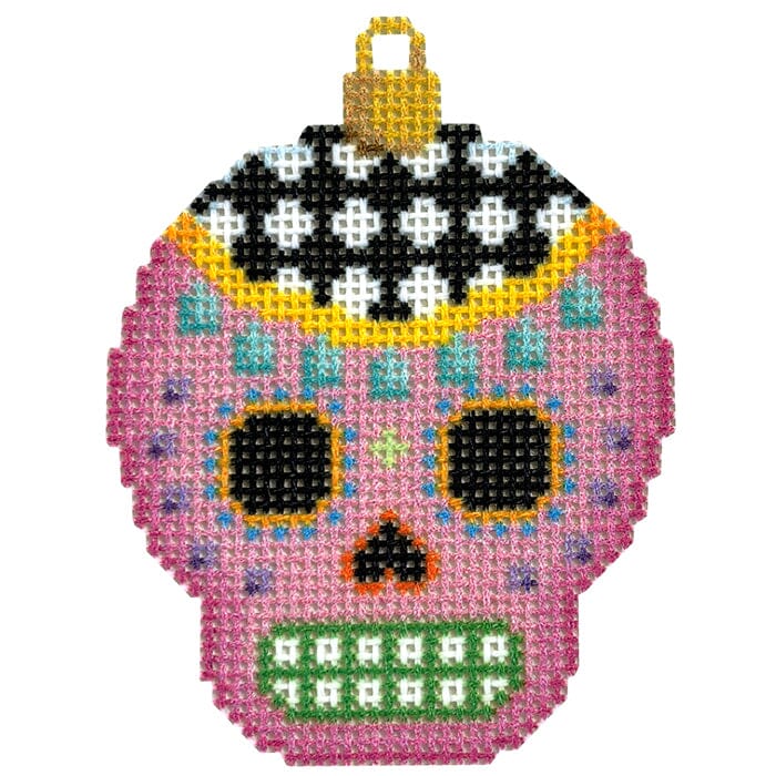 Sugar Skull Ornament/Pink Printed Canvas Two Sisters Needlepoint