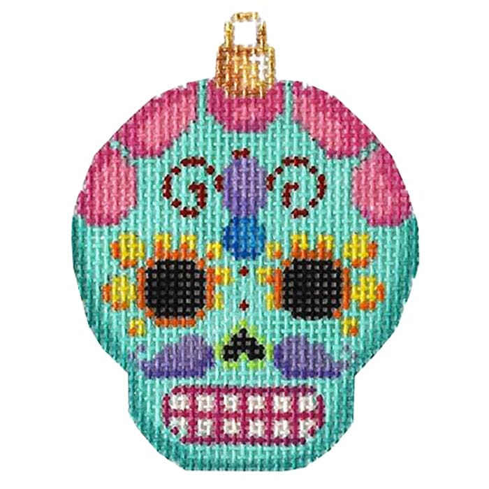 Sugar Skull Ornament/Turquoise Printed Canvas Two Sisters Needlepoint