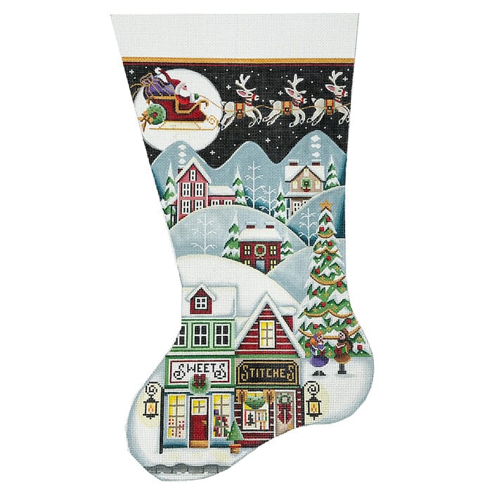 Sweet Shop Village Stocking TTL on 13 Painted Canvas Rebecca Wood Designs
