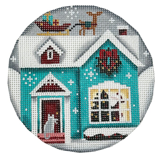 Teal Cottage Ornament Painted Canvas Rebecca Wood Designs - 1