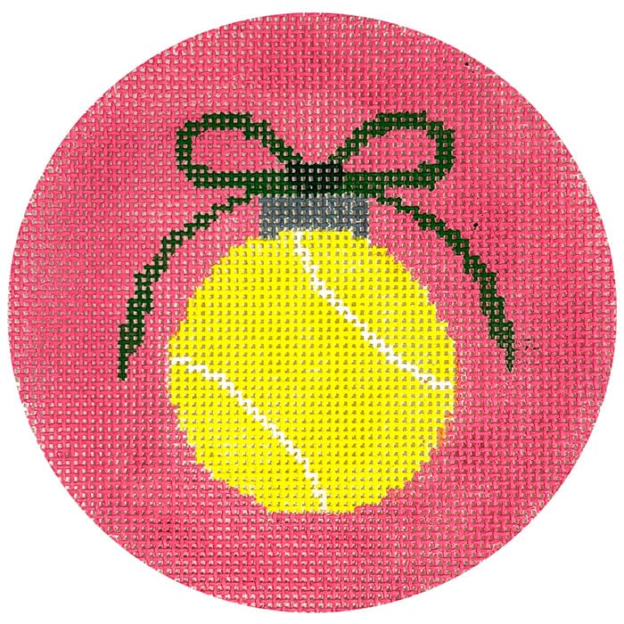 Tennis Ball with Green Bow on Pink Round Painted Canvas Kristine Kingston - 1