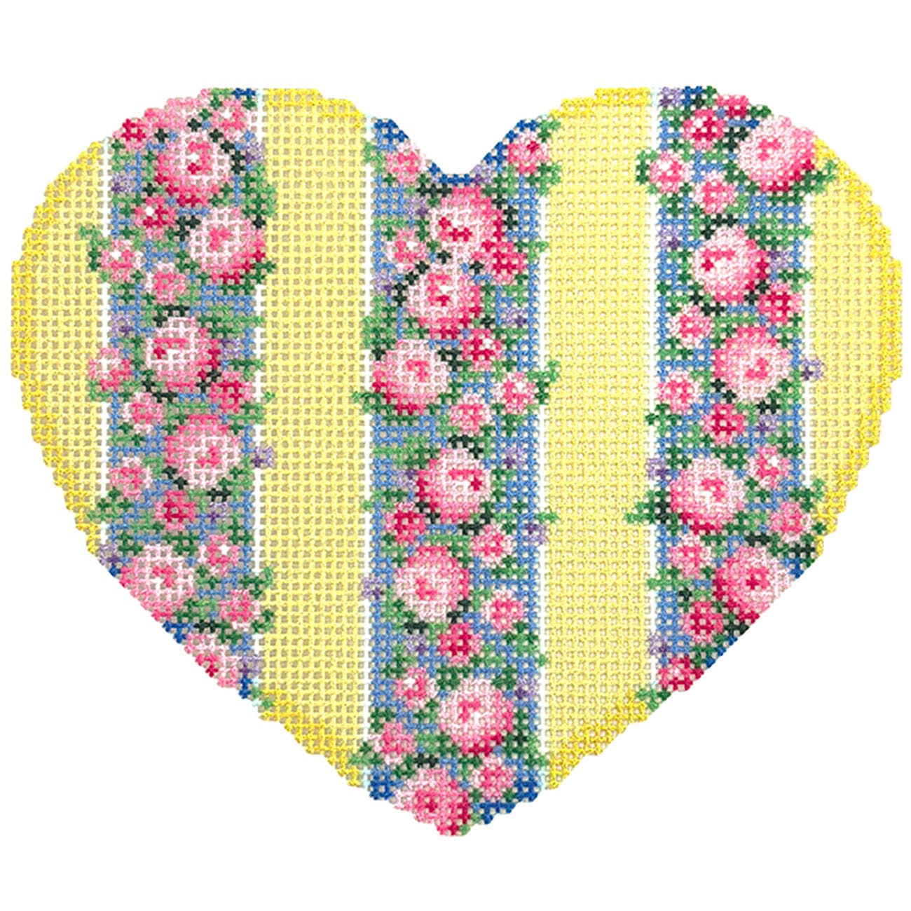 Three Vertical Rose Border Large Heart Printed Canvas Two Sisters Needlepoint